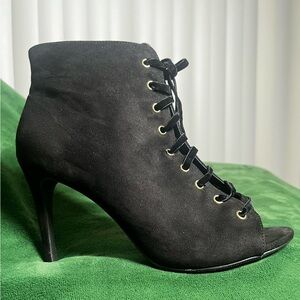 Fashion Nova Black Suede Lace-Up Peep Toe Ankle Booties